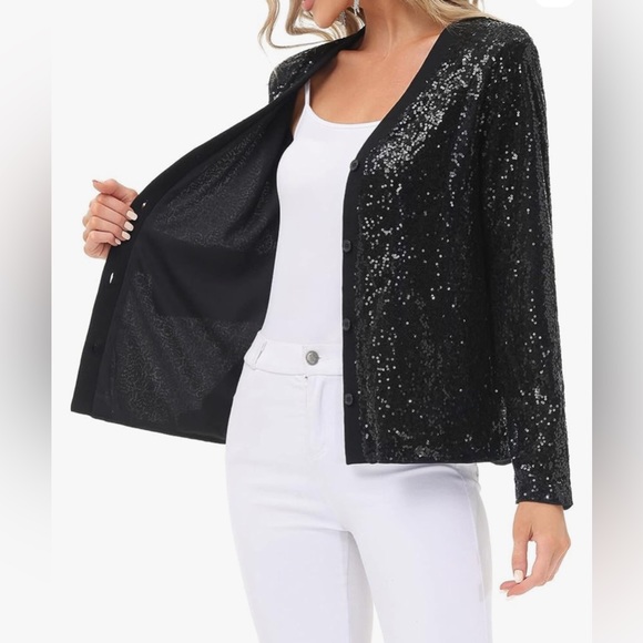 New KANCY KOLE Women's Sequin Jacket Long Sleeve Button Down Shrug Shiny black - Picture 5 of 10